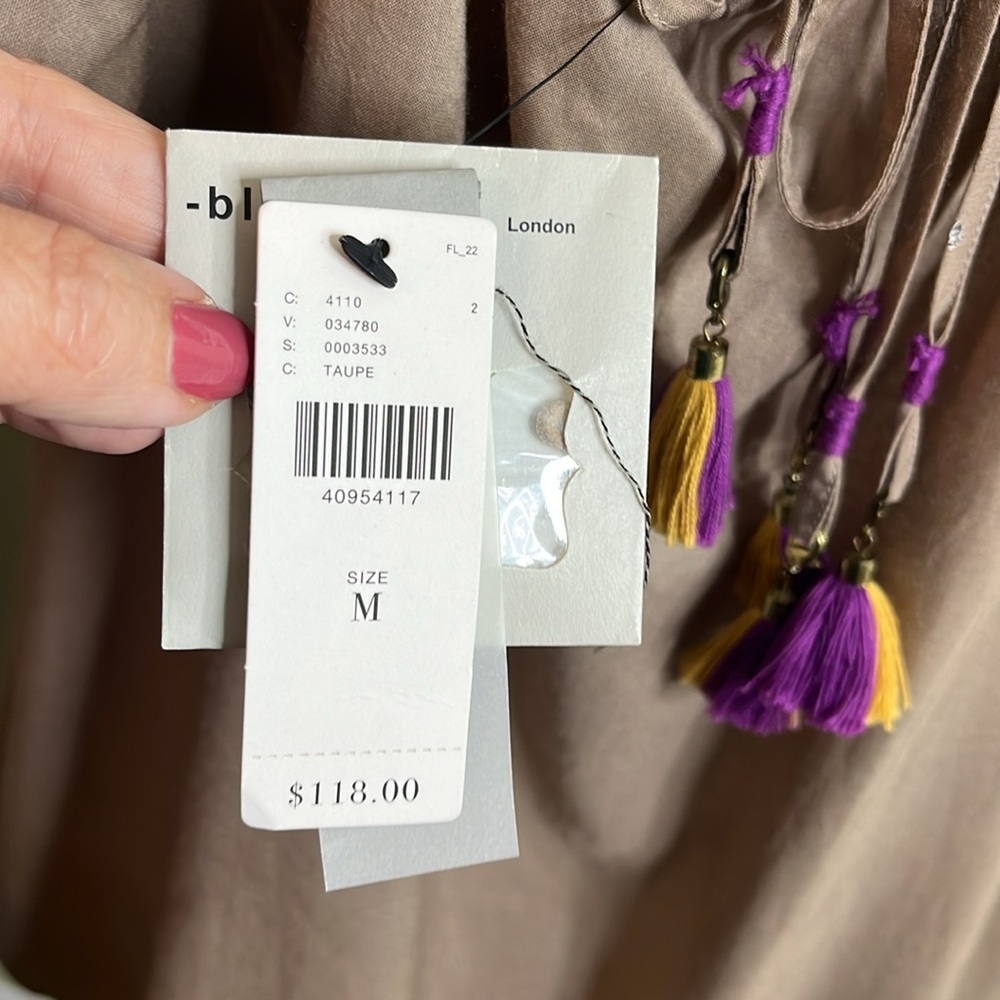 anthropologie blank london taupe tie neck beaded neckline flutter sleeve top - Picture 6 of 17